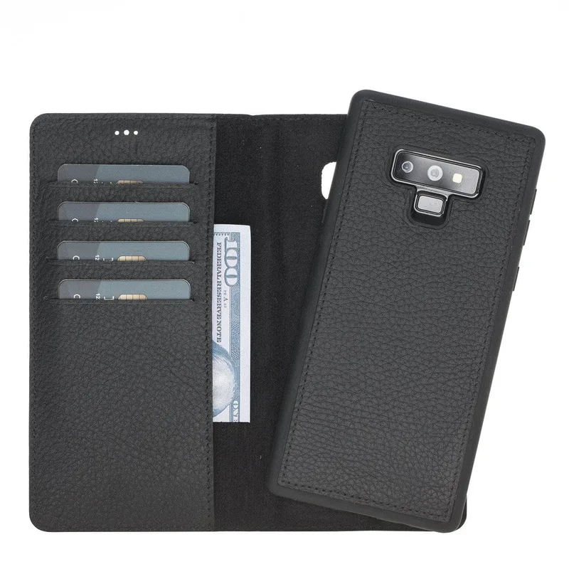 Magic Samsung Galaxy Note 9 Ayrılabilir Deri Cüzdan Kılıf, Pebble Black, Genuine leather